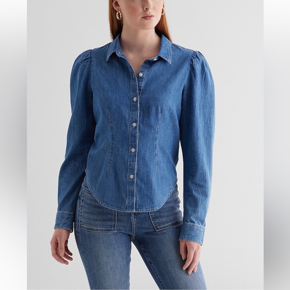 ❌SOLD! NWT Womens Sz M Express Denim Puff Sleeve Button Up Long Sleeve Shirt